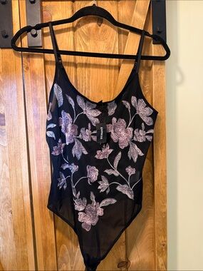 Express Black Sheer Bodysuit with Lavender Floral Embroidery